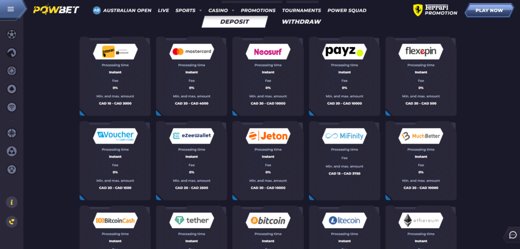 Powbet casino payment methods