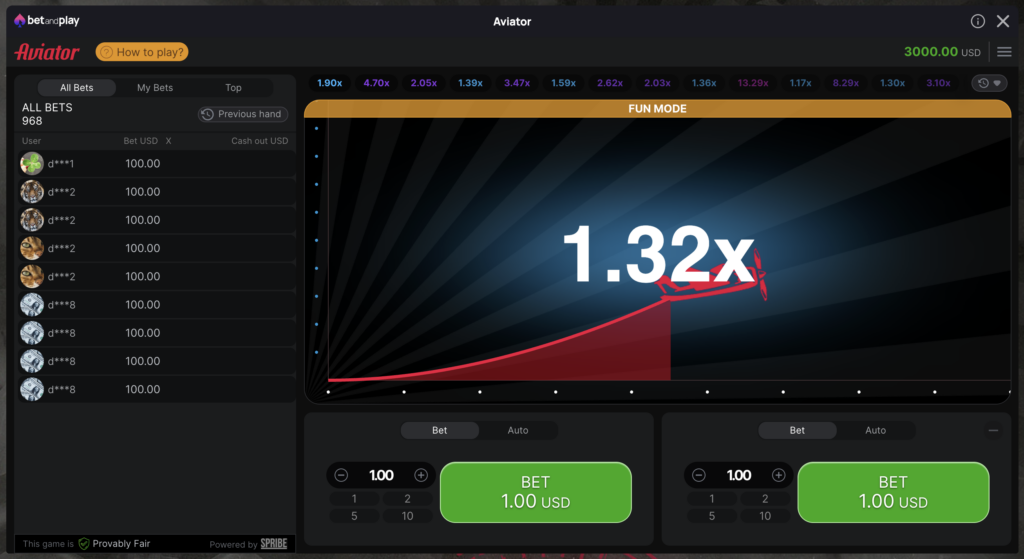 لقطة شاشة لعبة Aviator التجريبية من كازينو betandplay